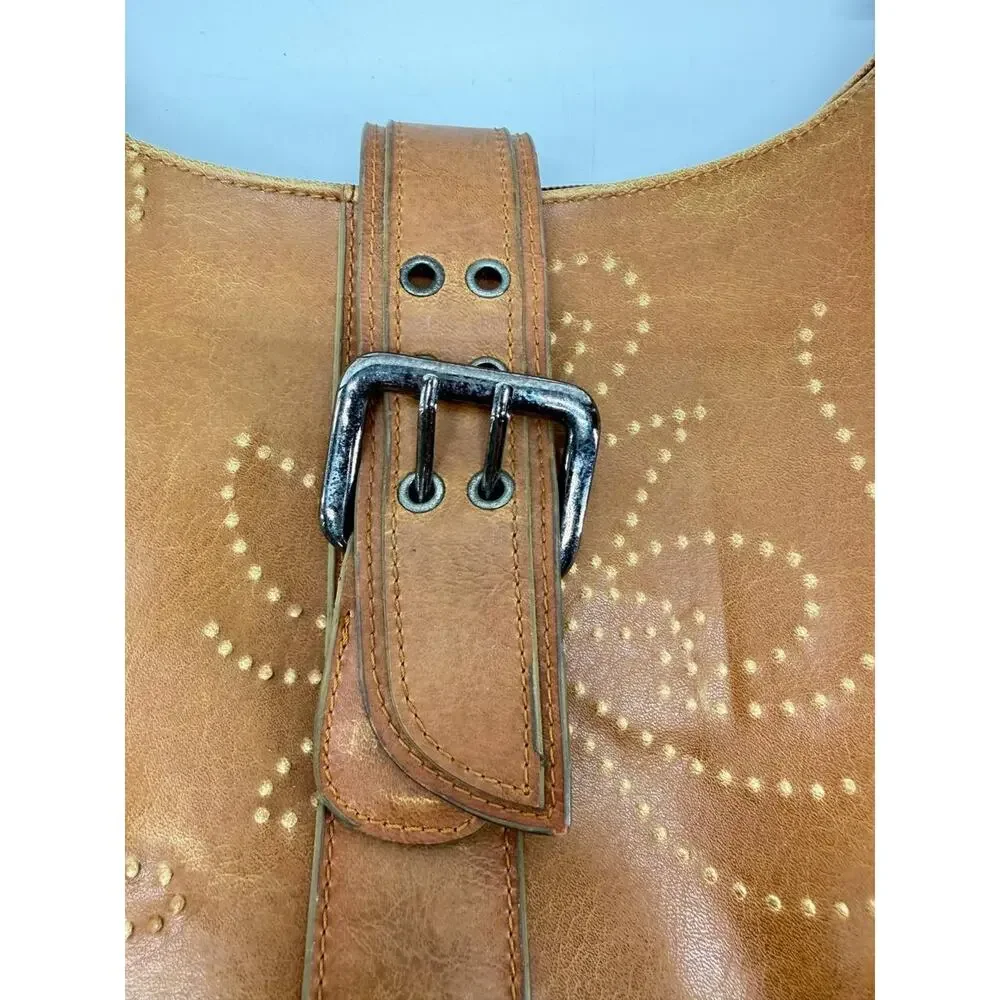 Kaela Brown Faux Leather Hobo Shoulder Bag Western Buckle Studded Swirl Purse